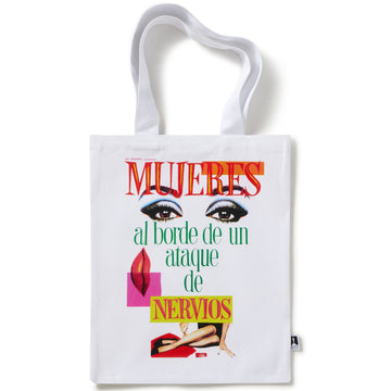 A white cotton canvas tote bag with text and graphic artwork related to the film 'Women on the Verge of a Nervous Breakdown'.